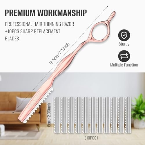 FEISIER Hair Razors for Cutting Hair - Professional Styling Texturizing Razor, Stainless Steel Thinning Razor Kit with 10 Replacement Blades, Premium Texture Cutting Razor for Salon and Home (Rose Gold) Avelisse