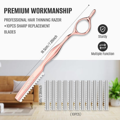 FEISIER Hair Razors for Cutting Hair - Professional Styling Texturizing Razor, Stainless Steel Thinning Razor Kit with 10 Replacement Blades, Premium Texture Cutting Razor for Salon and Home (Rose Gold) Avelisse