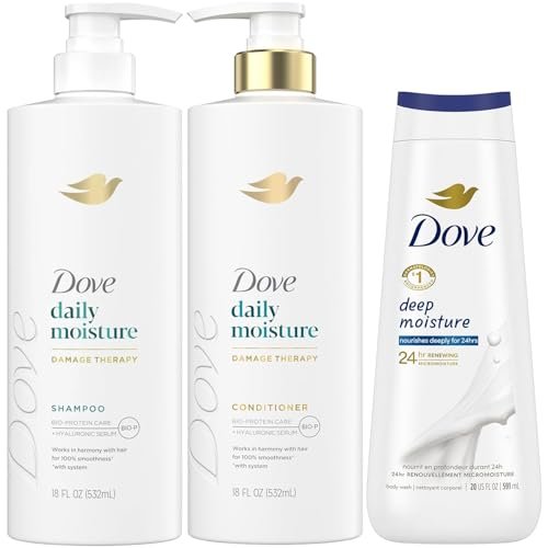 Dove Daily Moisture Shampoo & Conditioner Set with Deep Moisture Body Wash – Deep Hydration for Dry Hair and Skin, 3-Piece Set Avelisse