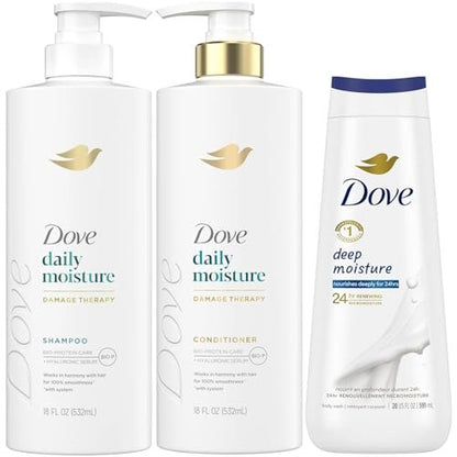 Dove Daily Moisture Shampoo & Conditioner Set with Deep Moisture Body Wash – Deep Hydration for Dry Hair and Skin, 3-Piece Set Avelisse