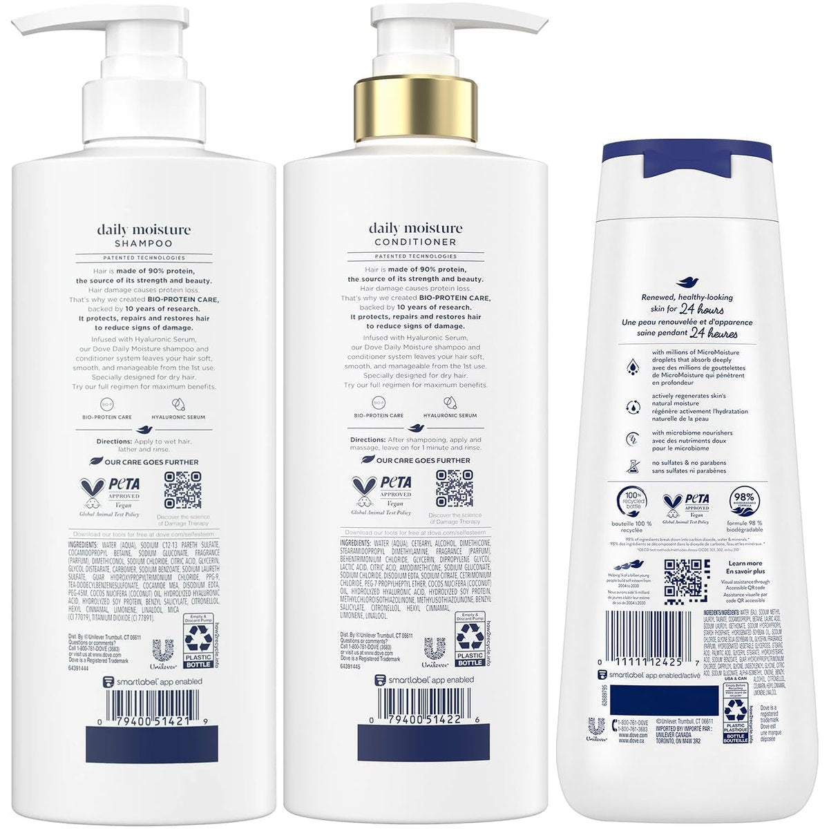 Dove Daily Moisture Shampoo & Conditioner Set with Deep Moisture Body Wash – Deep Hydration for Dry Hair and Skin, 3-Piece Set Avelisse