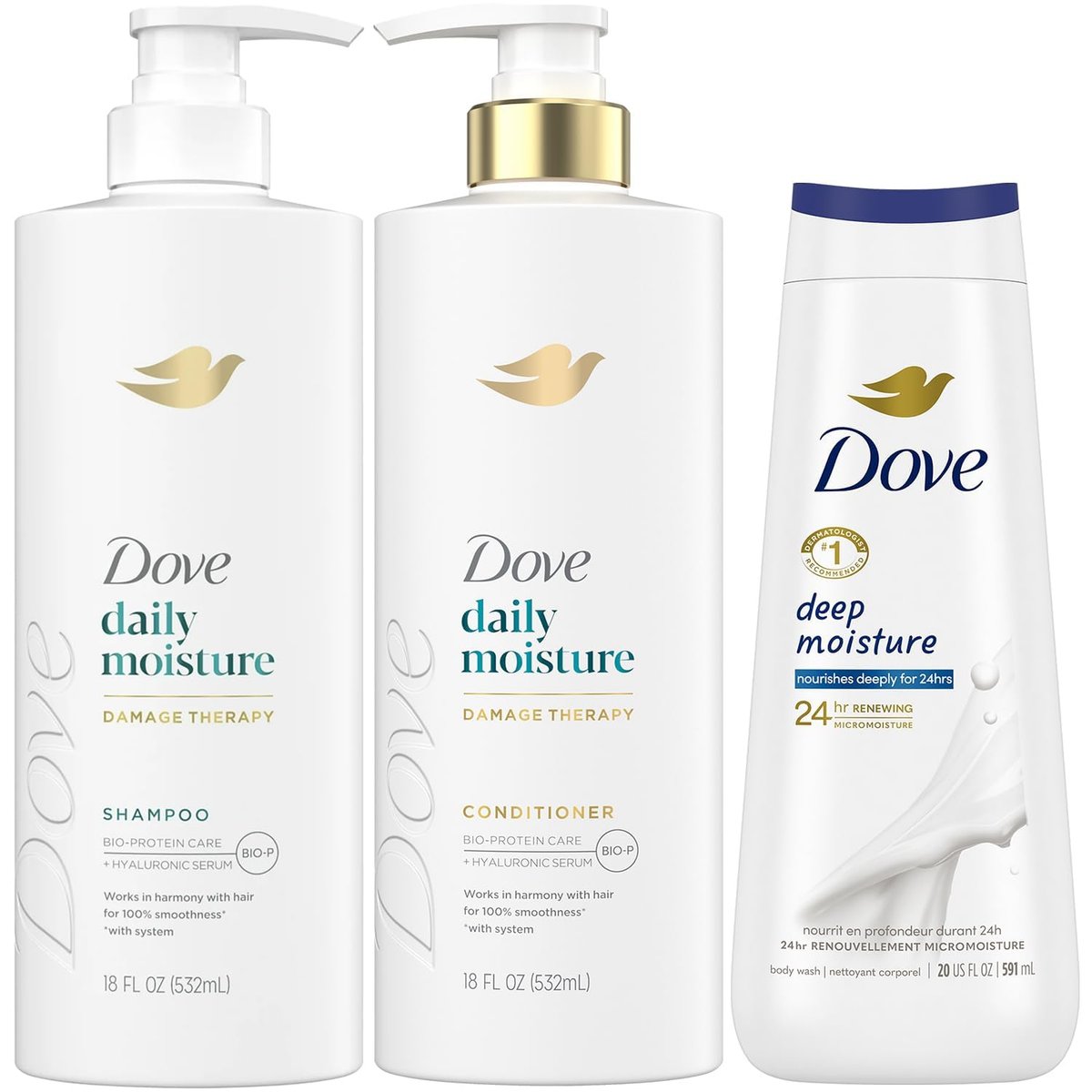 Dove Daily Moisture Shampoo & Conditioner Set with Deep Moisture Body Wash – Deep Hydration for Dry Hair and Skin, 3-Piece Set Avelisse
