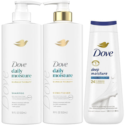 Dove Daily Moisture Shampoo & Conditioner Set with Deep Moisture Body Wash – Deep Hydration for Dry Hair and Skin, 3-Piece Set Avelisse