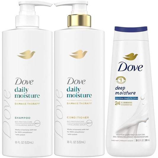 Dove Daily Moisture Shampoo & Conditioner Set with Deep Moisture Body Wash – Deep Hydration for Dry Hair and Skin, 3-Piece Set Avelisse