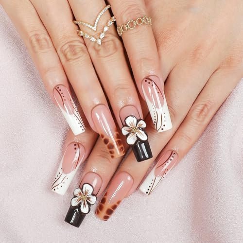 Handmade Long Square Flower Press on Nails - 3D Floral Leopard French Tip False Nails with Thick Acrylic & Multi-Layer Gel for Women DIY Art Decor (M) - görsel 4