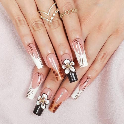 Handmade Long Square Flower Press on Nails - 3D Floral Leopard French Tip False Nails with Thick Acrylic & Multi-Layer Gel for Women DIY Art Decor (M)