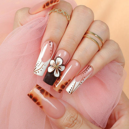 Handmade Long Square Flower Press on Nails - 3D Floral Leopard French Tip False Nails with Thick Acrylic & Multi-Layer Gel for Women DIY Art Decor (M)