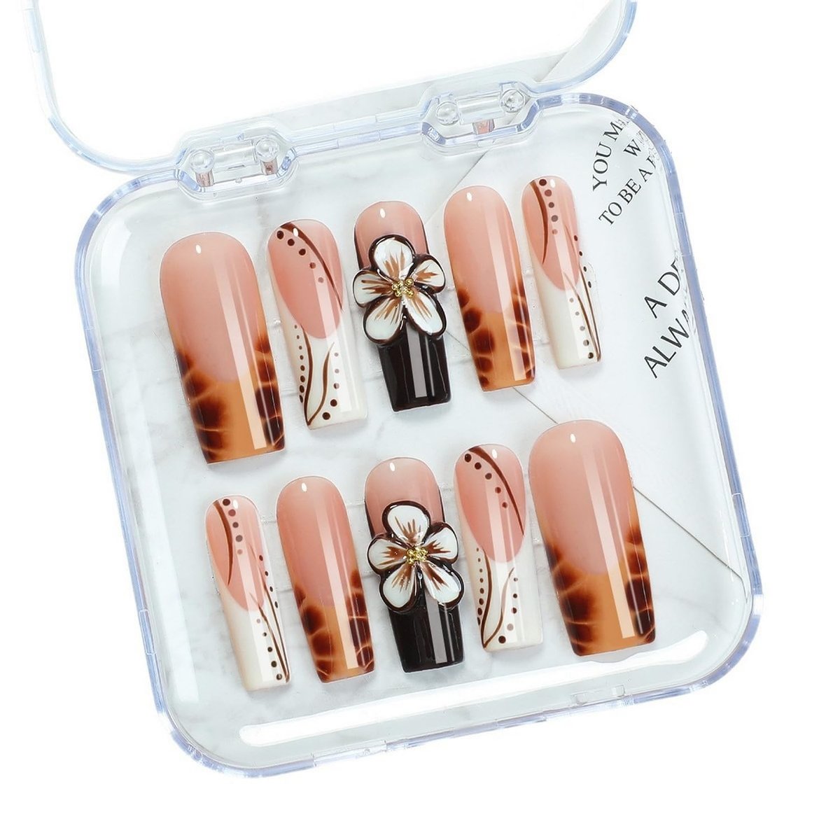 Handmade Long Square Flower Press on Nails - 3D Floral Leopard French Tip False Nails with Thick Acrylic & Multi-Layer Gel for Women DIY Art Decor (M) - görsel 1