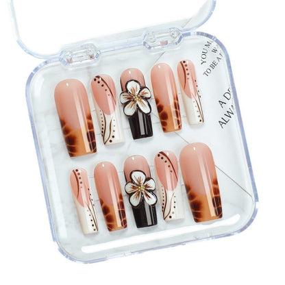 Handmade Long Square Flower Press on Nails - 3D Floral Leopard French Tip False Nails with Thick Acrylic & Multi-Layer Gel for Women DIY Art Decor (M)