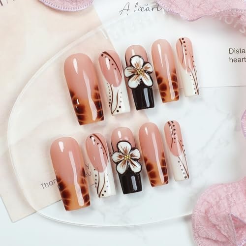 Handmade Long Square Flower Press on Nails - 3D Floral Leopard French Tip False Nails with Thick Acrylic & Multi-Layer Gel for Women DIY Art Decor (M) - görsel 6