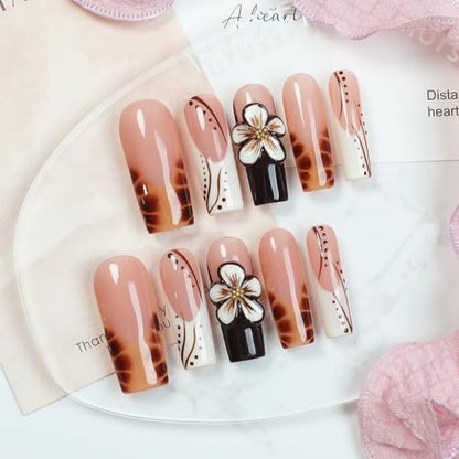 Handmade Long Square Flower Press on Nails - 3D Floral Leopard French Tip False Nails with Thick Acrylic & Multi-Layer Gel for Women DIY Art Decor (M)