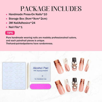 Handmade Long Square Flower Press on Nails - 3D Floral Leopard French Tip False Nails with Thick Acrylic & Multi-Layer Gel for Women DIY Art Decor (M)