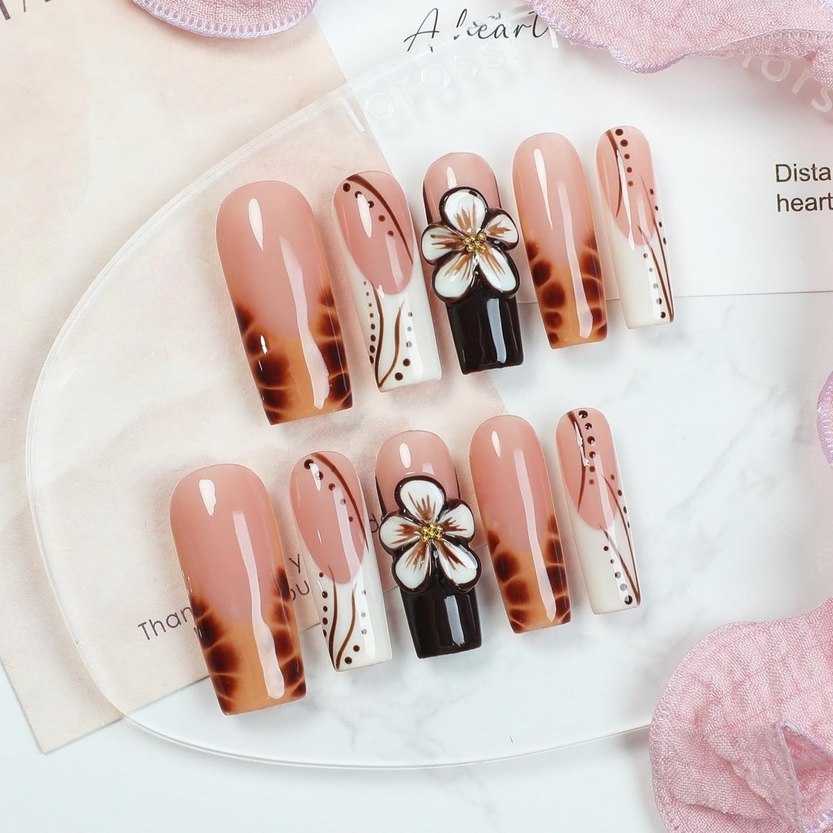 Handmade Long Square Flower Press on Nails - 3D Floral Leopard French Tip False Nails with Thick Acrylic & Multi-Layer Gel for Women DIY Art Decor (M) - görsel 5