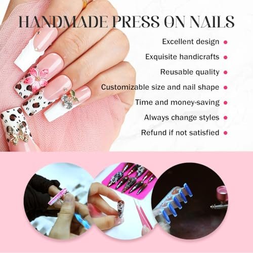 Handmade Long Square Flower Press on Nails - 3D Floral Leopard French Tip False Nails with Thick Acrylic & Multi-Layer Gel for Women DIY Art Decor (M) - görsel 16
