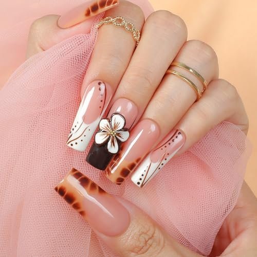 Handmade Long Square Flower Press on Nails - 3D Floral Leopard French Tip False Nails with Thick Acrylic & Multi-Layer Gel for Women DIY Art Decor (M) - görsel 8