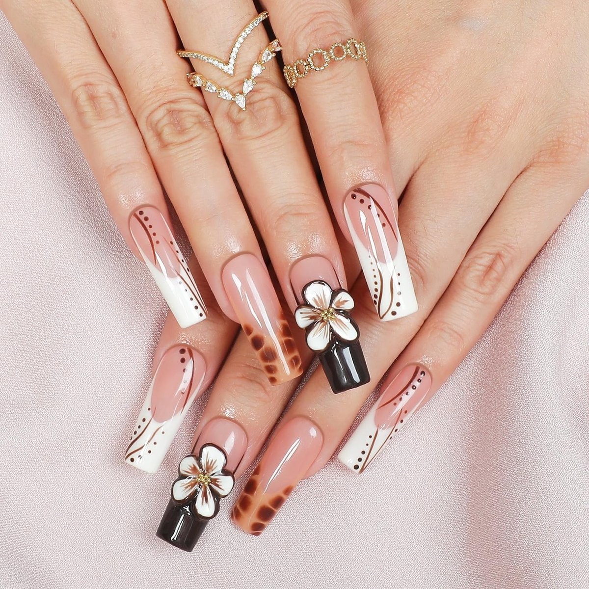 Handmade Long Square Flower Press on Nails - 3D Floral Leopard French Tip False Nails with Thick Acrylic & Multi-Layer Gel for Women DIY Art Decor (M) - görsel 3