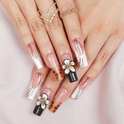 Handmade Long Square Flower Press on Nails - 3D Floral Leopard French Tip False Nails with Thick Acrylic & Multi-Layer Gel for Women DIY Art Decor (M)