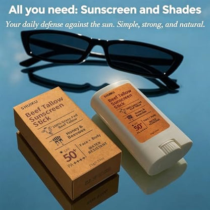 Beef Tallow Sunscreen Organic Stick SPF 50 – Non Nano Zinc Oxide Mineral Sunscreen with Honey & Beeswax for Face & Body, Water-Resistant Natural Sunblock, 0.53 oz