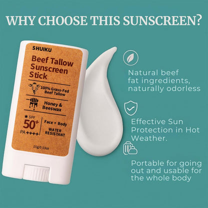 Beef Tallow Sunscreen Organic Stick SPF 50 – Non Nano Zinc Oxide Mineral Sunscreen with Honey & Beeswax for Face & Body, Water-Resistant Natural Sunblock, 0.53 oz