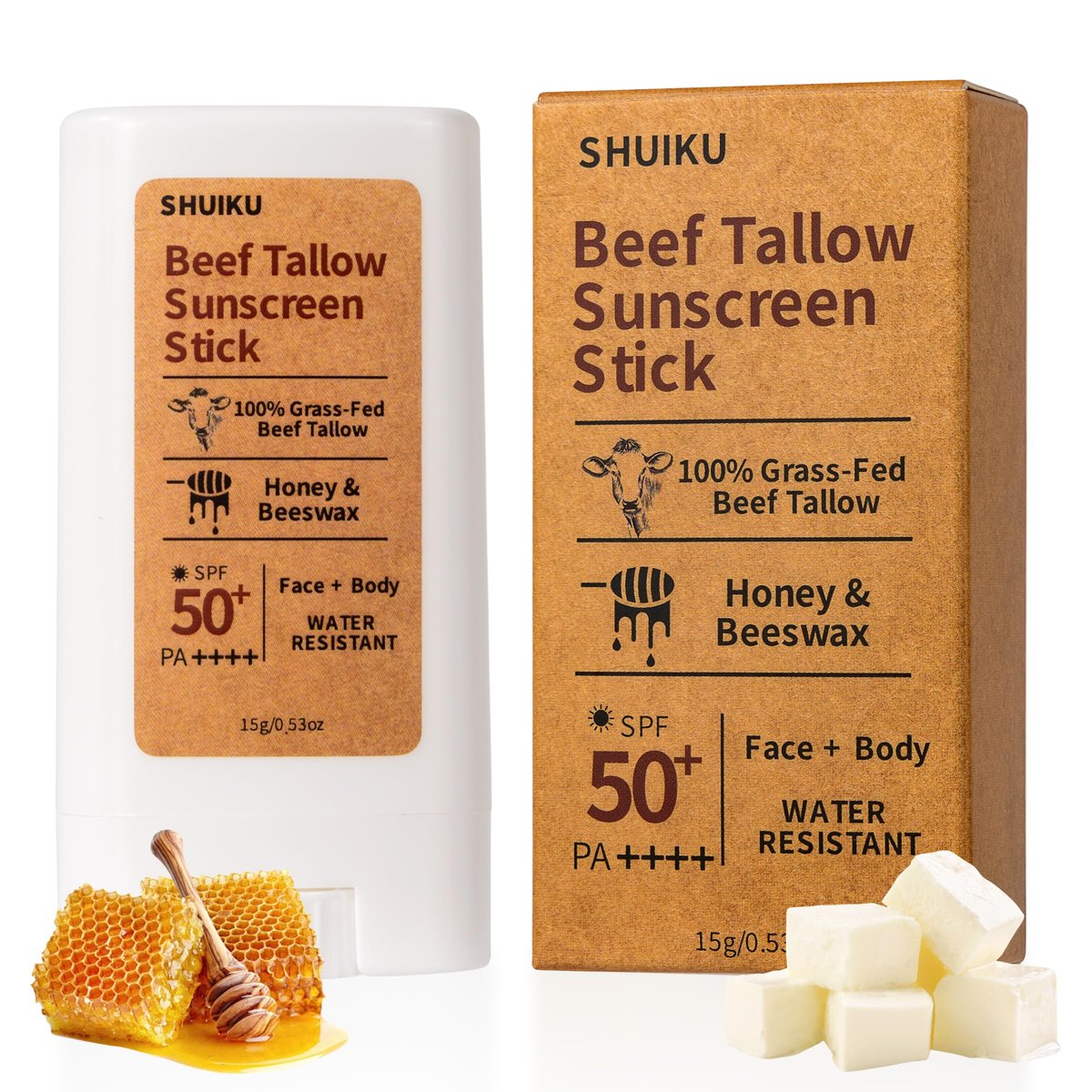 Beef Tallow Sunscreen Organic Stick SPF 50 – Non Nano Zinc Oxide Mineral Sunscreen with Honey & Beeswax for Face & Body, Water-Resistant Natural Sunblock, 0.53 oz - görsel 1
