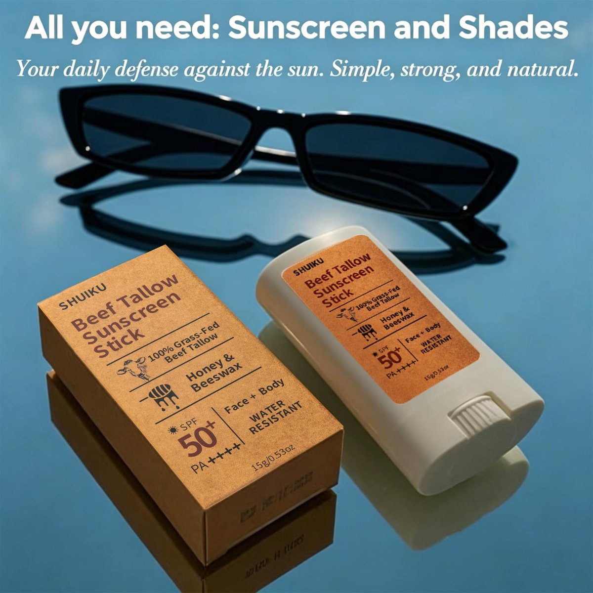 Beef Tallow Sunscreen Organic Stick SPF 50 – Non Nano Zinc Oxide Mineral Sunscreen with Honey & Beeswax for Face & Body, Water-Resistant Natural Sunblock, 0.53 oz - görsel 3