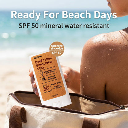 Beef Tallow Sunscreen Organic Stick SPF 50 – Non Nano Zinc Oxide Mineral Sunscreen with Honey & Beeswax for Face & Body, Water-Resistant Natural Sunblock, 0.53 oz