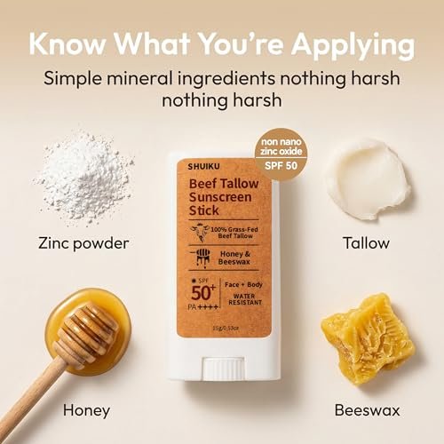 Beef Tallow Sunscreen Organic Stick SPF 50 – Non Nano Zinc Oxide Mineral Sunscreen with Honey & Beeswax for Face & Body, Water-Resistant Natural Sunblock, 0.53 oz - görsel 12