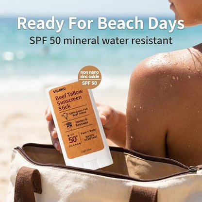 Beef Tallow Sunscreen Organic Stick SPF 50 – Non Nano Zinc Oxide Mineral Sunscreen with Honey & Beeswax for Face & Body, Water-Resistant Natural Sunblock, 0.53 oz