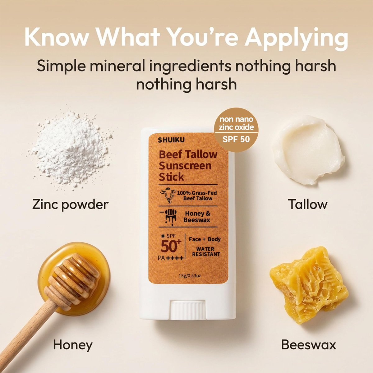 Beef Tallow Sunscreen Organic Stick SPF 50 – Non Nano Zinc Oxide Mineral Sunscreen with Honey & Beeswax for Face & Body, Water-Resistant Natural Sunblock, 0.53 oz - görsel 11