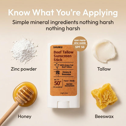 Beef Tallow Sunscreen Organic Stick SPF 50 – Non Nano Zinc Oxide Mineral Sunscreen with Honey & Beeswax for Face & Body, Water-Resistant Natural Sunblock, 0.53 oz