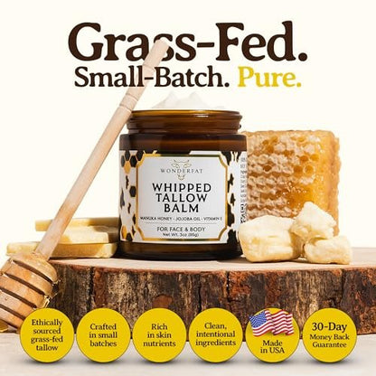 Wonderfat Beef Tallow for Skin – Grass Fed Organic Whipped Tallow Balm with Manuka Honey, Jojoba Oil & Vitamin E, Fragrance Free Body Butter & Moisturizer 3oz Avelisse
