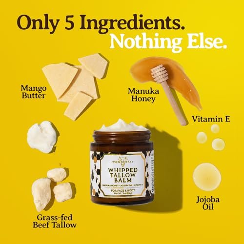 Wonderfat Beef Tallow for Skin – Grass Fed Organic Whipped Tallow Balm with Manuka Honey, Jojoba Oil & Vitamin E, Fragrance Free Body Butter & Moisturizer 3oz Avelisse