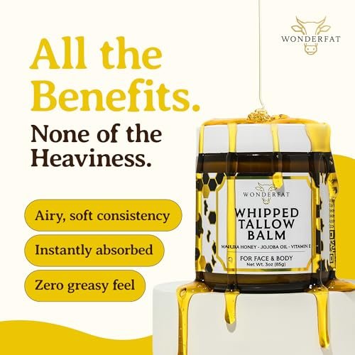 Wonderfat Beef Tallow for Skin – Grass Fed Organic Whipped Tallow Balm with Manuka Honey, Jojoba Oil & Vitamin E, Fragrance Free Body Butter & Moisturizer 3oz Avelisse