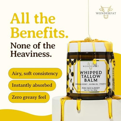 Wonderfat Beef Tallow for Skin – Grass Fed Organic Whipped Tallow Balm with Manuka Honey, Jojoba Oil & Vitamin E, Fragrance Free Body Butter & Moisturizer 3oz Avelisse