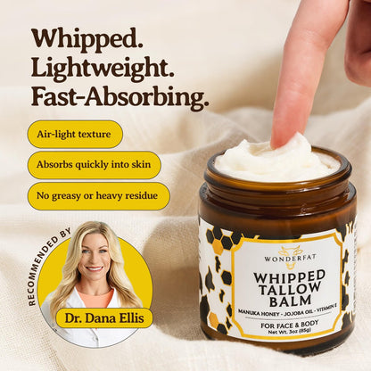 Wonderfat Beef Tallow for Skin – Grass Fed Organic Whipped Tallow Balm with Manuka Honey, Jojoba Oil & Vitamin E, Fragrance Free Body Butter & Moisturizer 3oz Avelisse