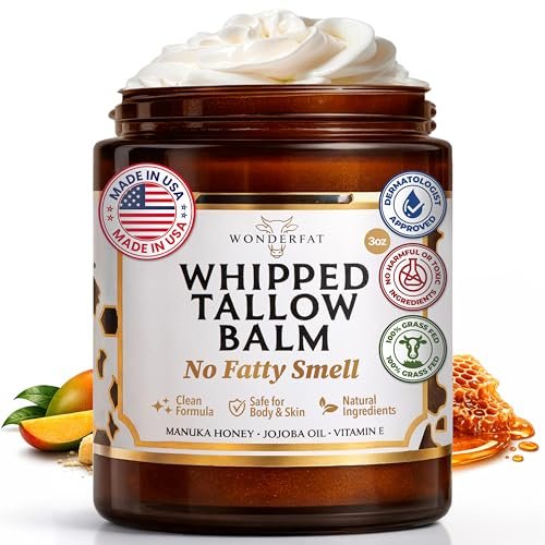 Wonderfat Beef Tallow for Skin – Grass Fed Organic Whipped Tallow Balm with Manuka Honey, Jojoba Oil & Vitamin E, Fragrance Free Body Butter & Moisturizer 3oz Avelisse