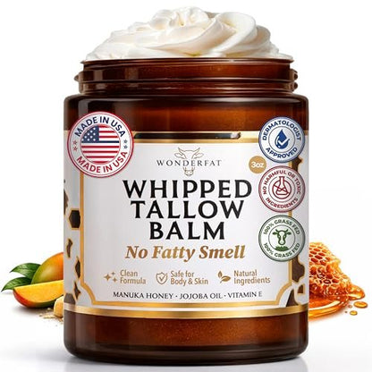 Wonderfat Beef Tallow for Skin – Grass Fed Organic Whipped Tallow Balm with Manuka Honey, Jojoba Oil & Vitamin E, Fragrance Free Body Butter & Moisturizer 3oz Avelisse