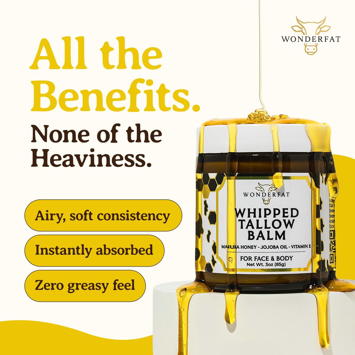 Wonderfat Beef Tallow for Skin – Grass Fed Organic Whipped Tallow Balm with Manuka Honey, Jojoba Oil & Vitamin E, Fragrance Free Body Butter & Moisturizer 3oz Avelisse