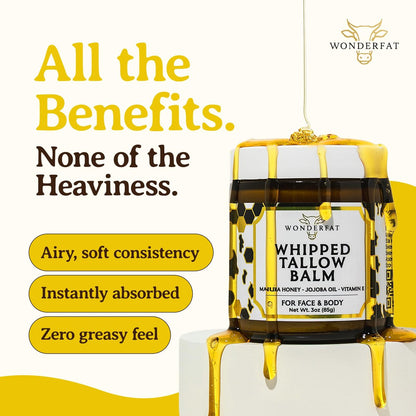 Wonderfat Beef Tallow for Skin – Grass Fed Organic Whipped Tallow Balm with Manuka Honey, Jojoba Oil & Vitamin E, Fragrance Free Body Butter & Moisturizer 3oz Avelisse