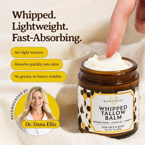 Wonderfat Beef Tallow for Skin – Grass Fed Organic Whipped Tallow Balm with Manuka Honey, Jojoba Oil & Vitamin E, Fragrance Free Body Butter & Moisturizer 3oz Avelisse