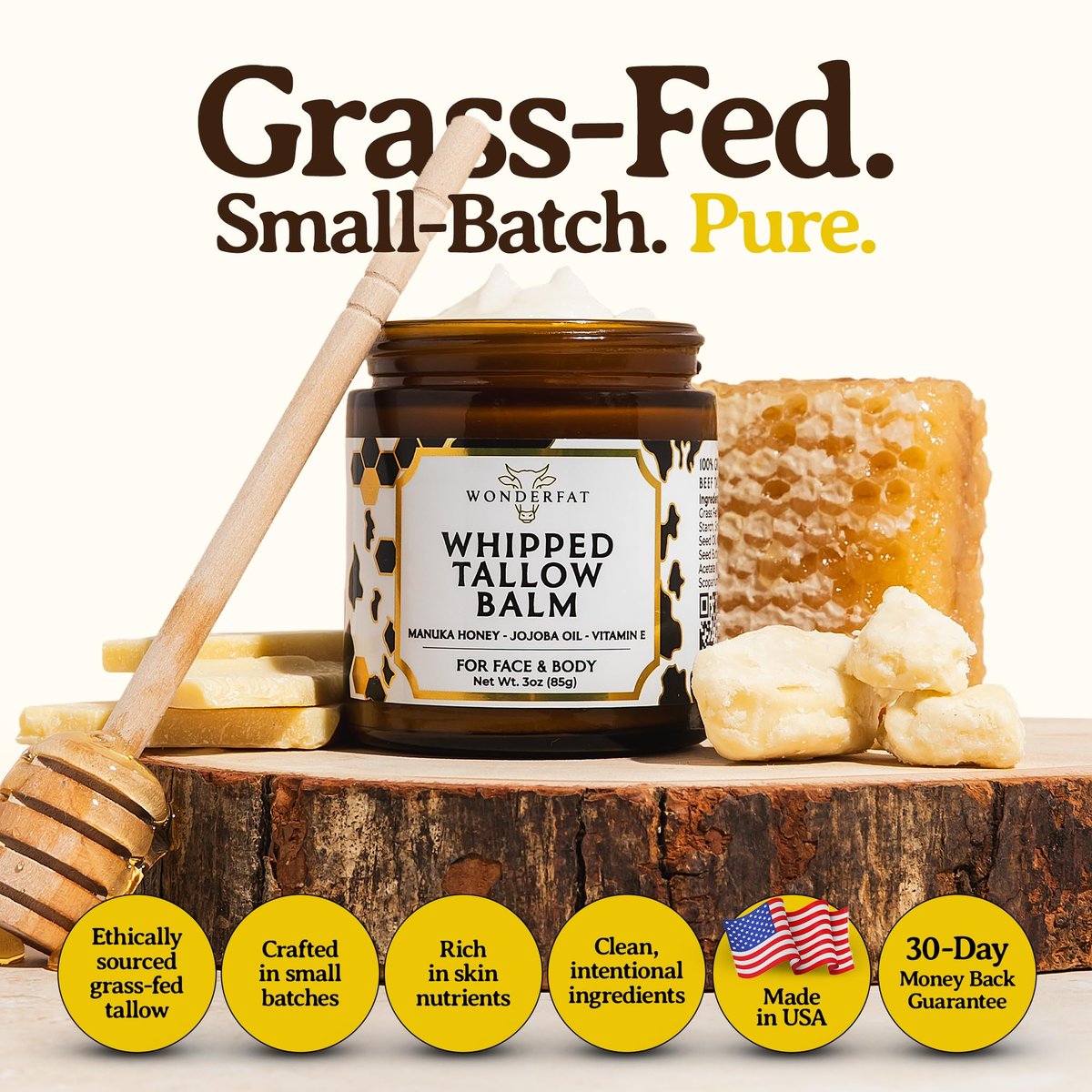 Wonderfat Beef Tallow for Skin – Grass Fed Organic Whipped Tallow Balm with Manuka Honey, Jojoba Oil & Vitamin E, Fragrance Free Body Butter & Moisturizer 3oz Avelisse