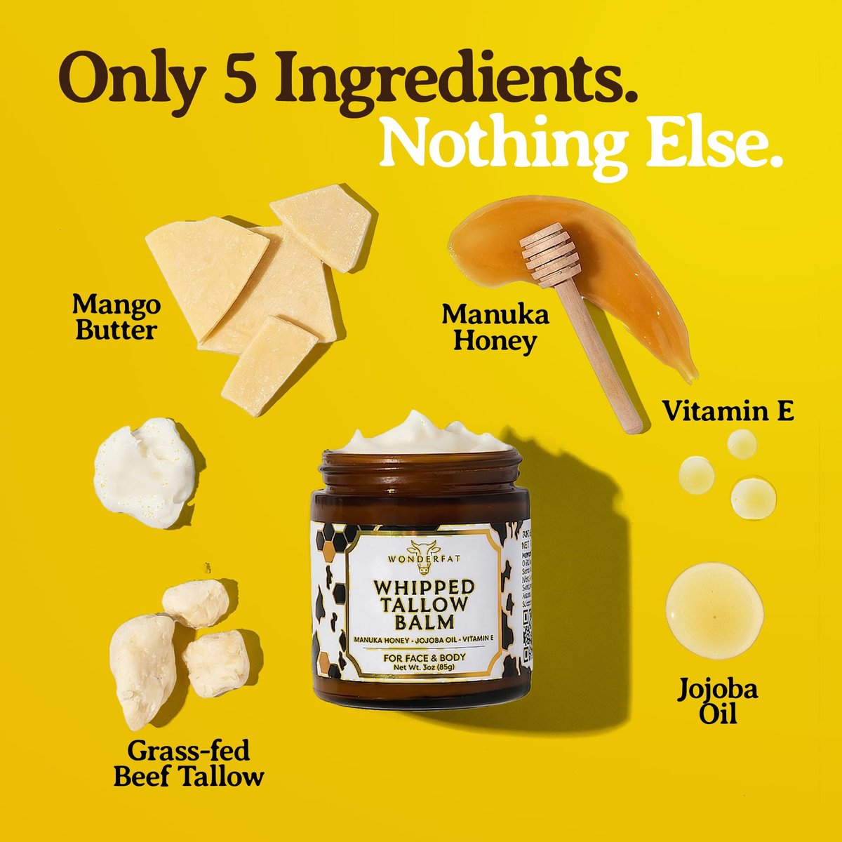 Wonderfat Beef Tallow for Skin – Grass Fed Organic Whipped Tallow Balm with Manuka Honey, Jojoba Oil & Vitamin E, Fragrance Free Body Butter & Moisturizer 3oz Avelisse