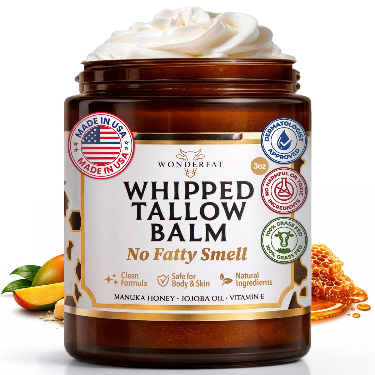 Wonderfat Beef Tallow for Skin – Grass Fed Organic Whipped Tallow Balm with Manuka Honey, Jojoba Oil & Vitamin E, Fragrance Free Body Butter & Moisturizer 3oz Avelisse