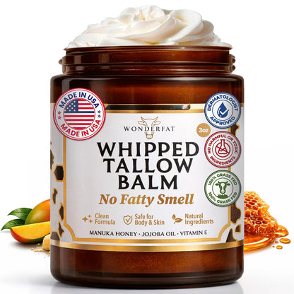 Wonderfat Beef Tallow for Skin – Grass Fed Organic Whipped Tallow Balm with Manuka Honey, Jojoba Oil & Vitamin E, Fragrance Free Body Butter & Moisturizer 3oz Avelisse