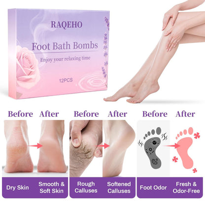 RAQEHO 12PCS Foot Bath Bombs – Rose Lavender Aromatherapy Foot Soak with Sea Salt for Dry Cracked Feet, Exfoliator & Odor Control, Home Spa Pedicure Essentials