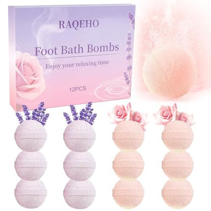 RAQEHO 12PCS Foot Bath Bombs – Rose Lavender Aromatherapy Foot Soak with Sea Salt for Dry Cracked Feet, Exfoliator & Odor Control, Home Spa Pedicure Essentials