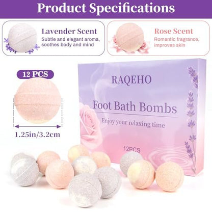RAQEHO 12PCS Foot Bath Bombs – Rose Lavender Aromatherapy Foot Soak with Sea Salt for Dry Cracked Feet, Exfoliator & Odor Control, Home Spa Pedicure Essentials