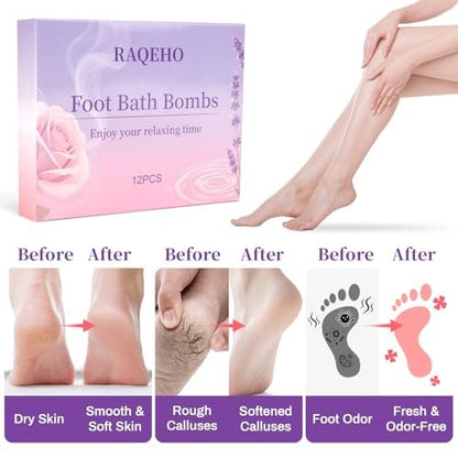 RAQEHO 12PCS Foot Bath Bombs – Rose Lavender Aromatherapy Foot Soak with Sea Salt for Dry Cracked Feet, Exfoliator & Odor Control, Home Spa Pedicure Essentials