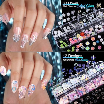 Teenitor Nail Charms and Nail Stickers Kit: 8 Boxes of Rhinestones, Gems, Pearls & 20 Sheets of Nail Art Stickers for 3D Nail Designs