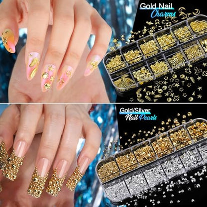 Teenitor Nail Charms and Nail Stickers Kit: 8 Boxes of Rhinestones, Gems, Pearls & 20 Sheets of Nail Art Stickers for 3D Nail Designs